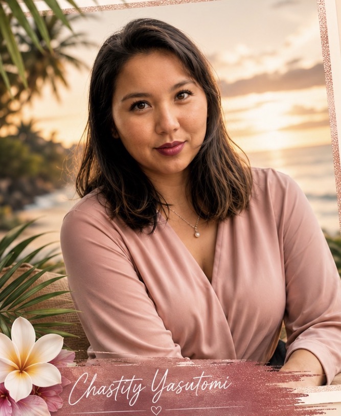 Chastity Yasutomi at a tropical beach during sunset